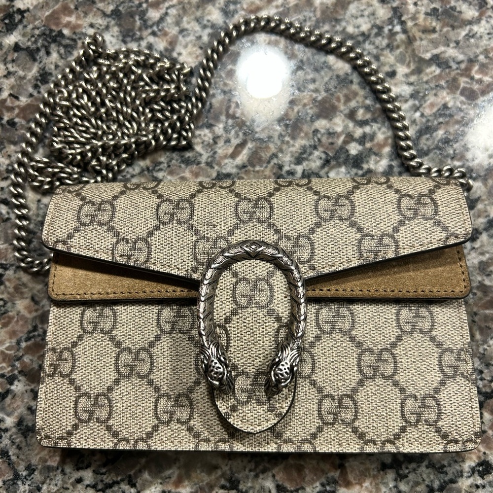 Gucci Dionysus Cream and Brown Crossbody Bag with Monogram Pattern